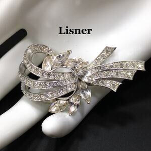 Vintage Lisner Clear Rhinestone Floral Ribbon Brooch, Rhodium Plated, 1960s